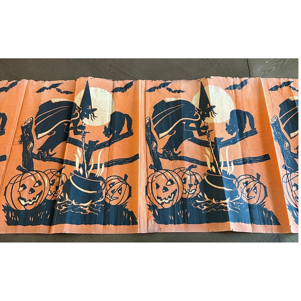 Antique Halloween Crepe Paper Runner Witch Cauldron Black Cat Pumpkin 76''x20''